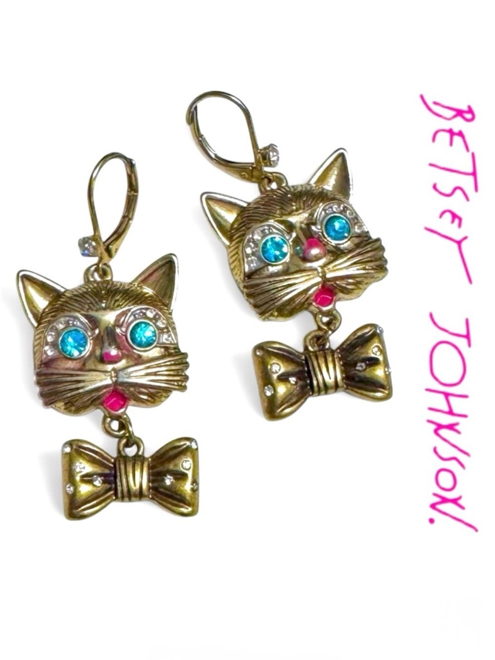 Betsey Johnson Pet Shop Collection Gold Cat Earrings Bow Charm Rhinestone Eyes